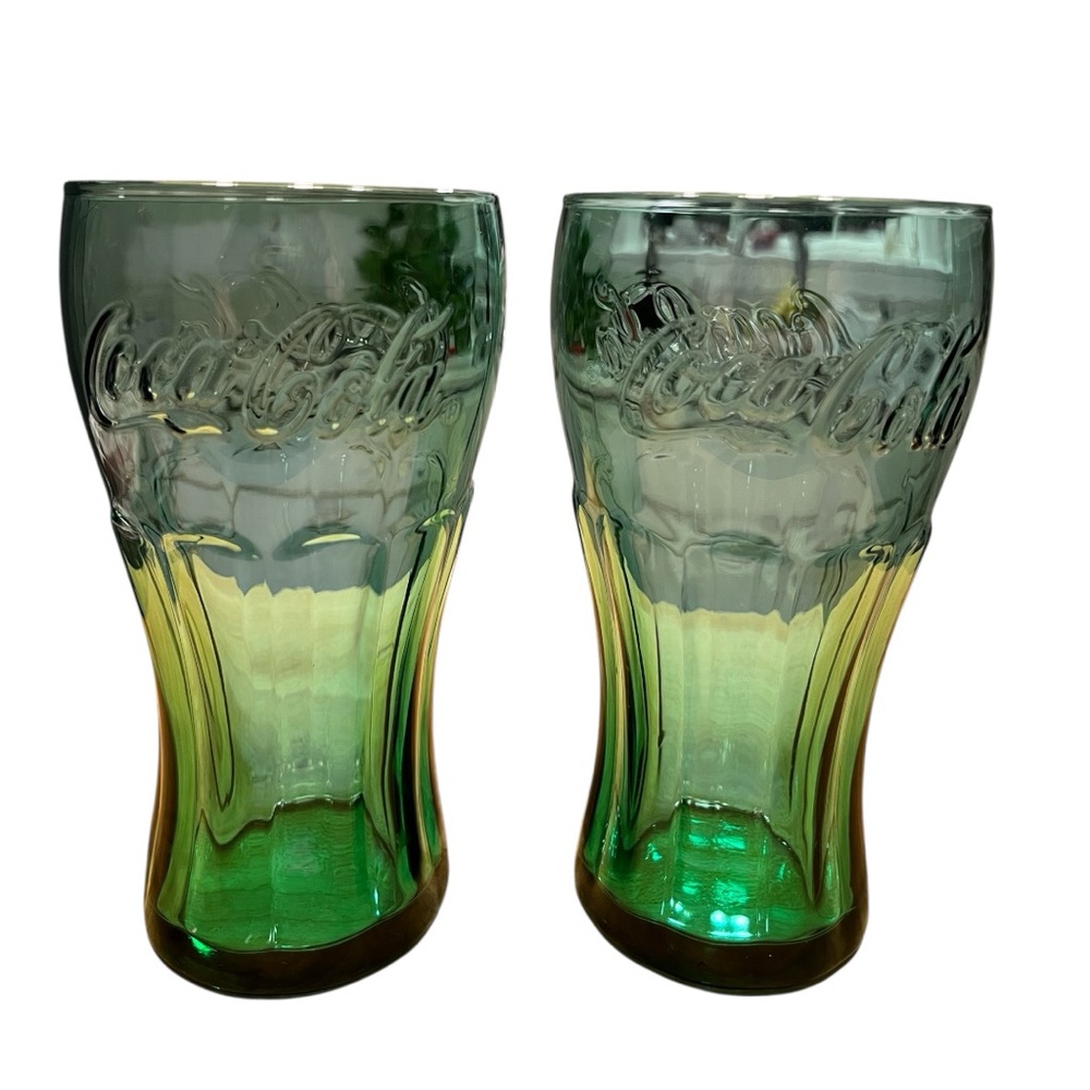 2 Coca Cola, Vintage Green Embossed  Glasses ~ 6” Tall | Collectible